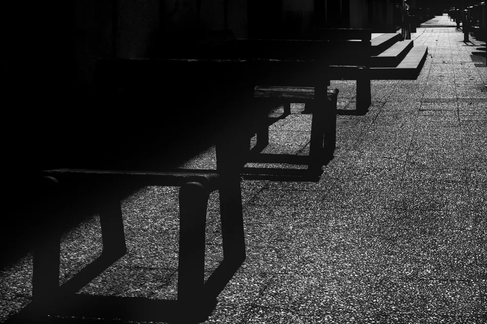 Bancos alineados y sus sombras largas sobre la grava